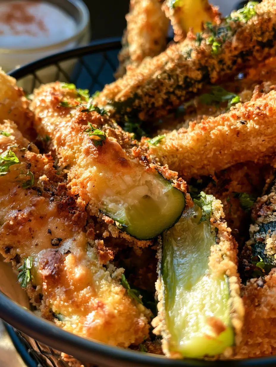 Air Fryer Zucchini Fries with Parmesan and Almond Flour 4 Macro shot of jagged parmesan crust on air fryer zucchini spears with cracked black pepper.