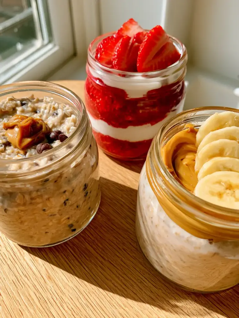 Overnight Oat Recipes: 3 High-Protein Flavors for the Ultimate Morning 1 Overnight Oat Recipes styled with fresh banana coins, strawberry jam layers, and dark chocolate chips in a bright kitchen.