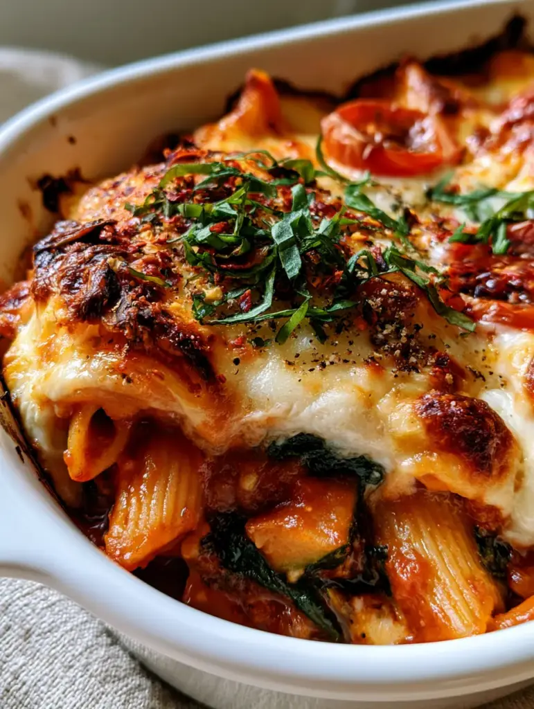 A white ceramic dish filled with vegetarian dump and bake casserole topped with golden-brown mozzarella and fresh basil.