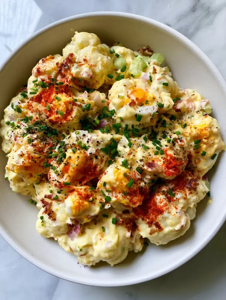 Overhead shot of Deviled Egg Cauliflower Salad garnished with chives and bacon on a marble countertop.