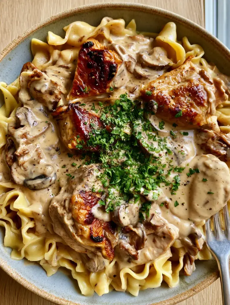 Chicken Stroganoff: The Ultimate Creamy 30-Minute Comfort Meal 1 A silver fork swirling through thick velvety beige sauce in a bowl of Chicken Stroganoff.