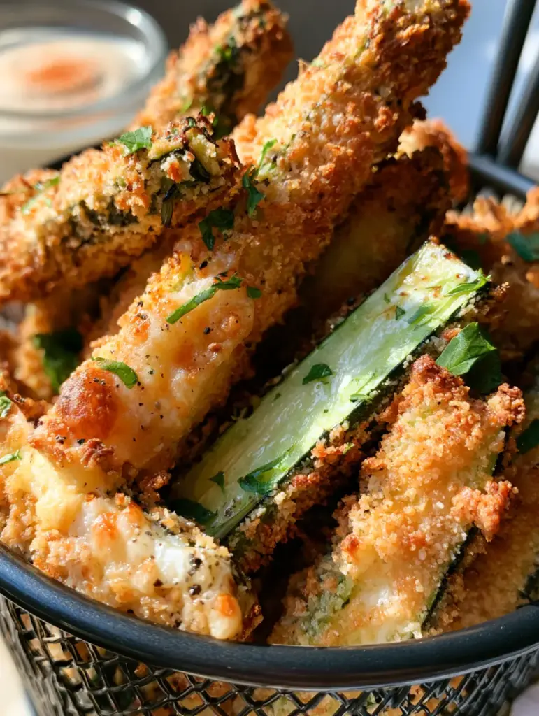 Air Fryer Zucchini Fries with Parmesan and Almond Flour 1 Handheld photo of a broken zucchini spear showing a steaming tender green center and crispy exterior.