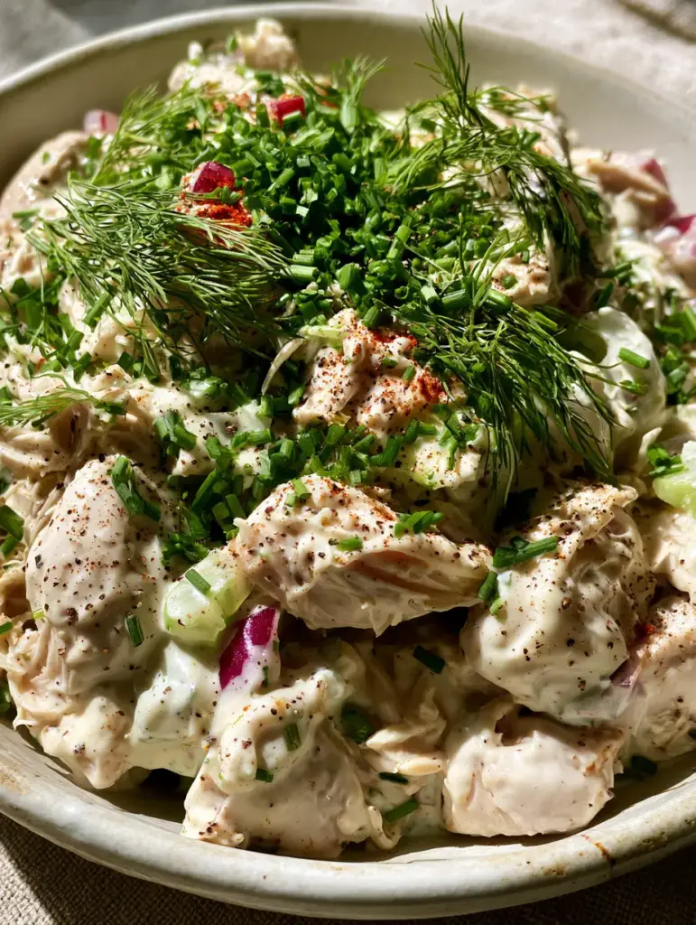 Cottage Cheese Chicken Salad: The Creamiest High-Protein Lunch 1 Overhead view of cottage cheese chicken salad showing diced red onions and celery slices.