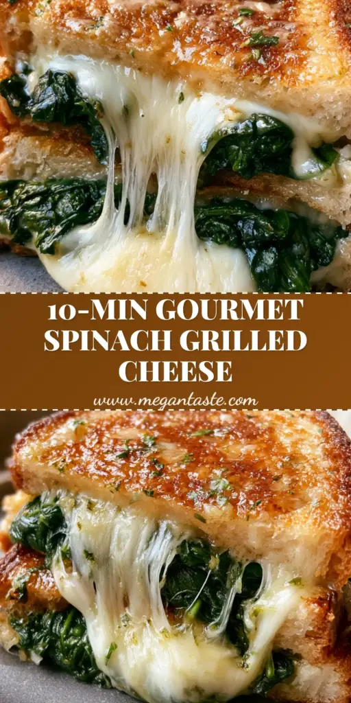 A gourmet spinach grilled cheese sandwich on thick sourdough bread with a dramatic cheese pull, glistening with garlic butter and parsley. (spinach grilled cheese)