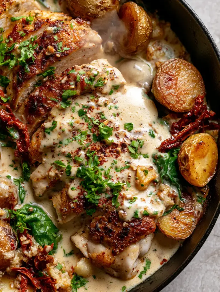 Creamy Parmesan Chicken and Potatoes with Sun-Dried Tomatoes 2 Top-down view of pan-seared chicken and roasted potatoes in ivory parmesan sauce. (Creamy Parmesan Chicken and Potatoes)