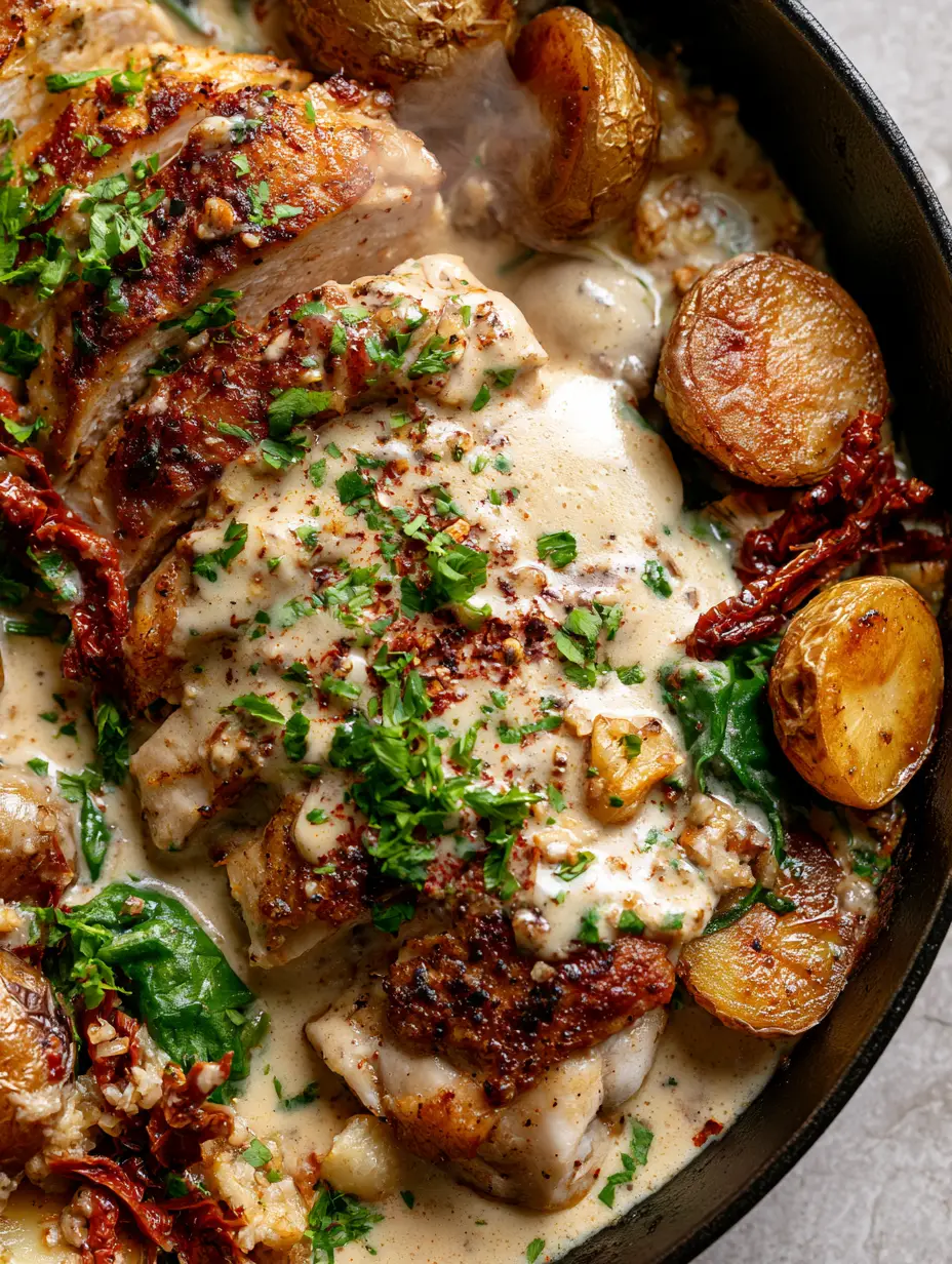 Creamy Parmesan Chicken and Potatoes with Sun-Dried Tomatoes 4 Top-down view of pan-seared chicken and roasted potatoes in ivory parmesan sauce. (Creamy Parmesan Chicken and Potatoes)