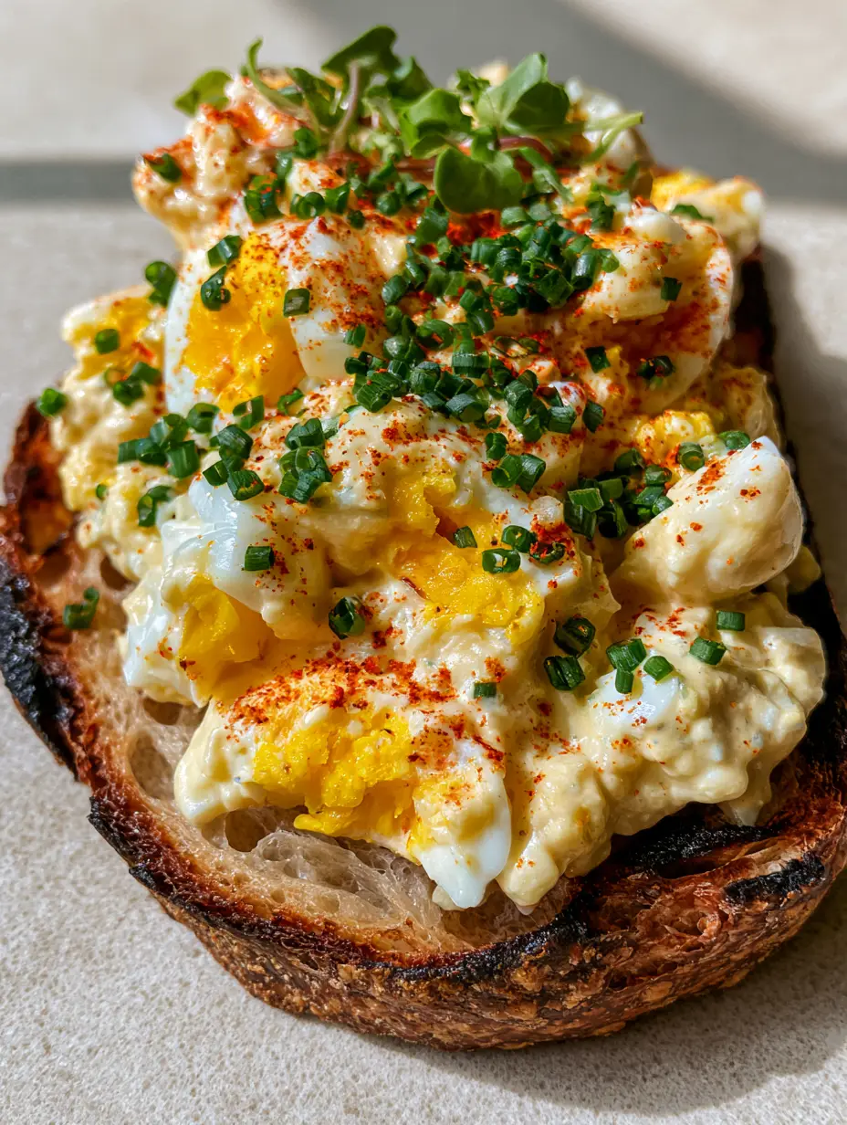 Close up photo of thick creamy egg salad with bright yellow yolks and charred sourdough edges. (egg salad sandwich recipe)