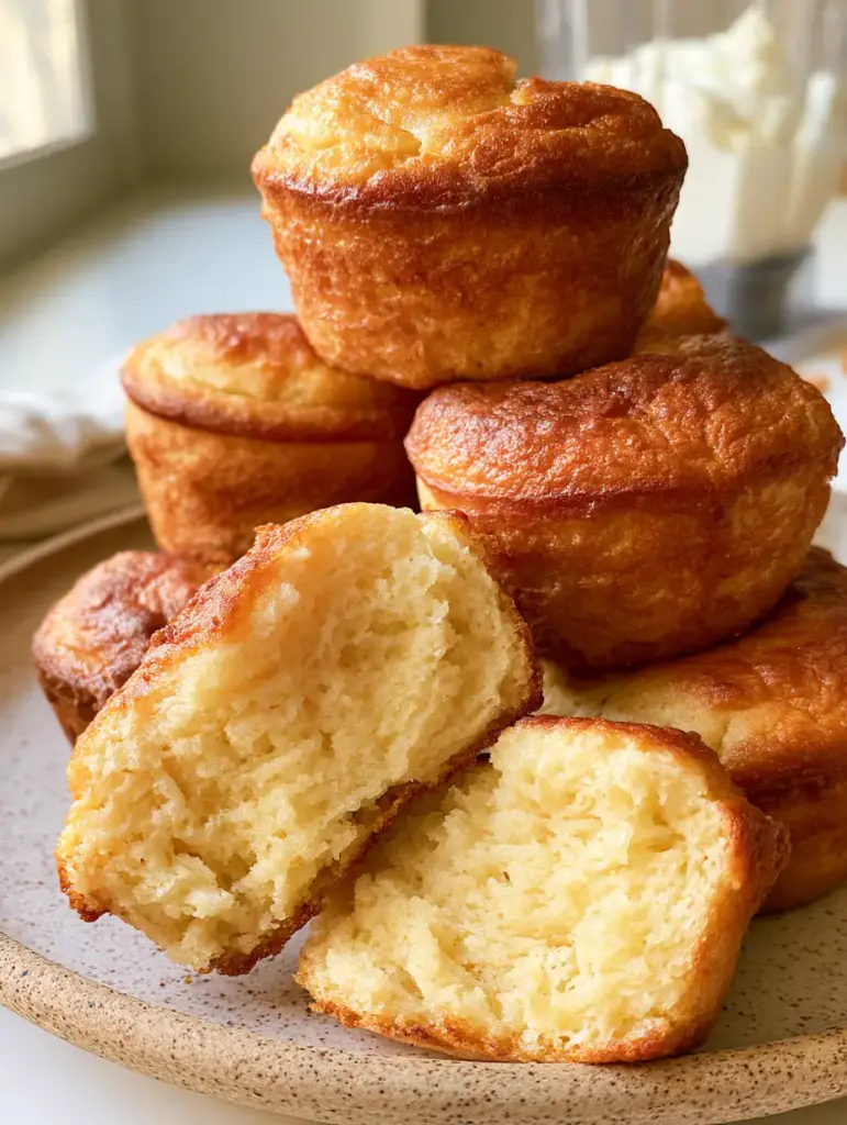 Cottage Cheese Muffins: The Ultimate Fluffy High-Protein Breakfast 1 A stack of honey-colored caramelized cottage cheese muffins on a neutral stone countertop with a blender in the background.