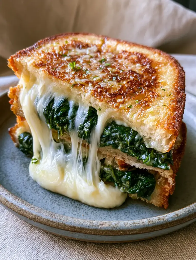 A dramatic view of melted mozzarella and sharp provolone with sautéed spinach inside a spinach grilled cheese.