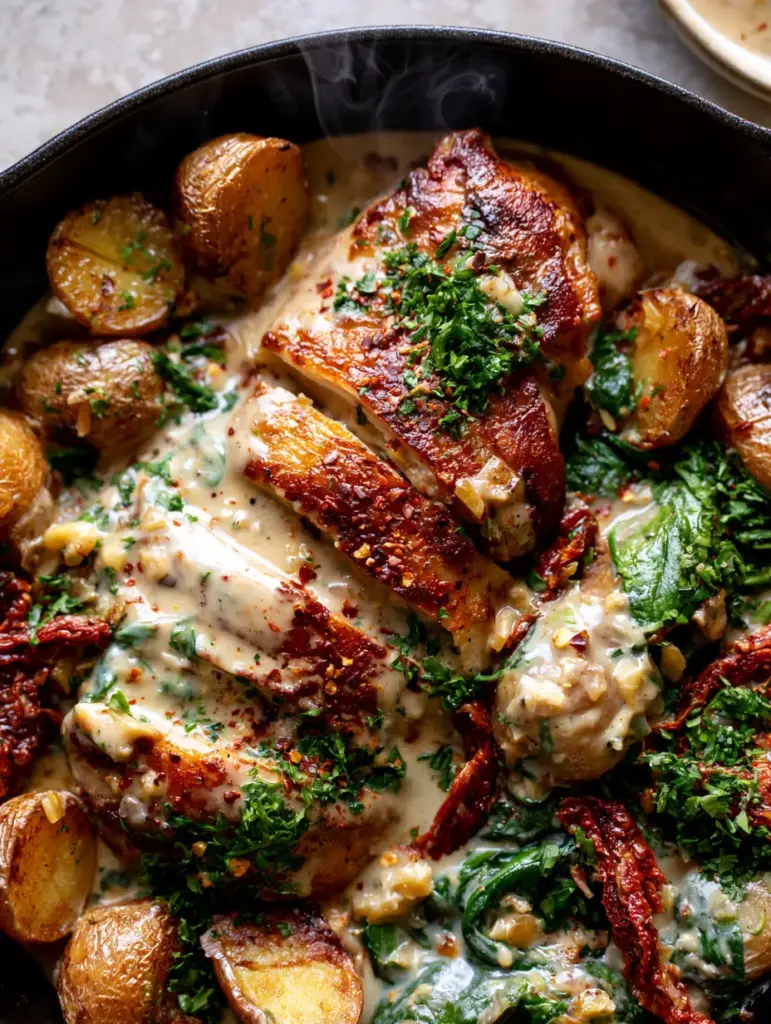 Creamy Parmesan Chicken and Potatoes with Sun-Dried Tomatoes 1 Close-up of crispy chicken skin and bubbling parmesan sauce with spinach. (Creamy Parmesan Chicken and Potatoes)