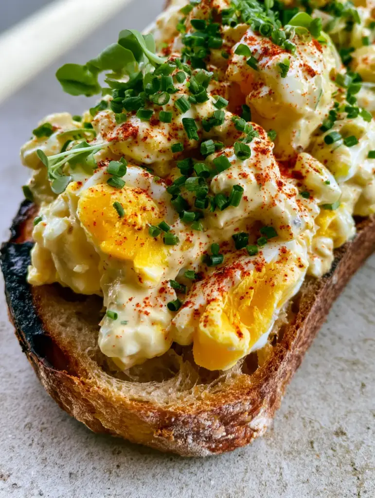 Overhead view of an egg salad sandwich garnished with chives and micro-arugula on a grey stone surface.