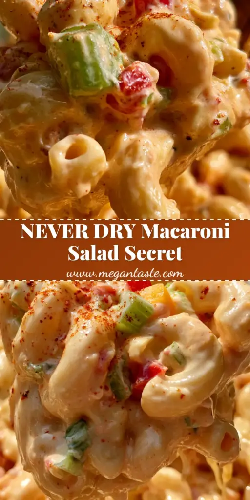 A close-up vertical shot of BBQ Macaroni Salad with creamy orange dressing and fresh chives, perfect for summer picnics.