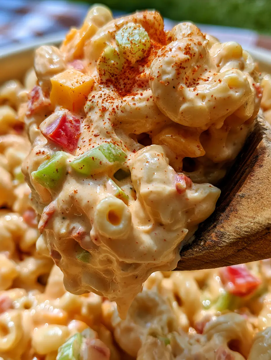 Extreme macro shot of a rustic wooden spoon lifting a scoop of BBQ Macaroni Salad showing glossy pale-orange dressing and cheddar cubes.