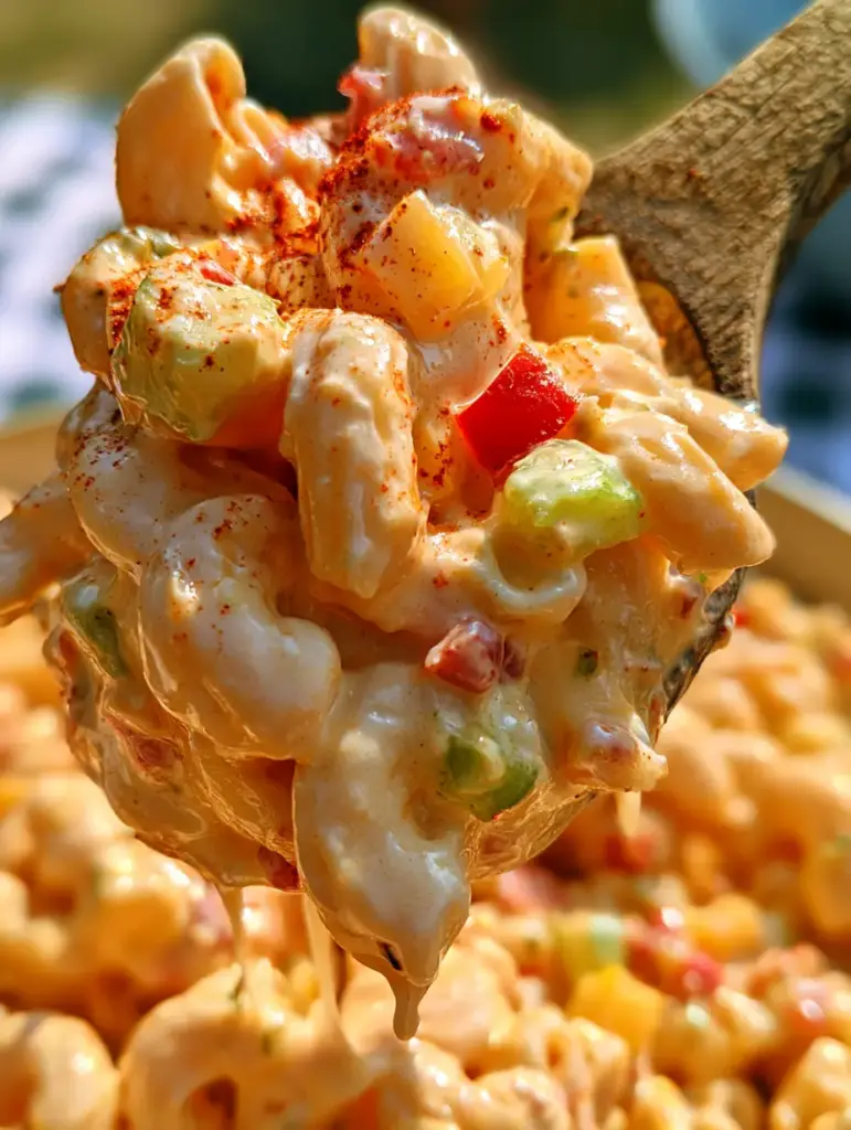 Close up of BBQ Macaroni Salad textures including green celery, red pimentos, and smoked paprika dusting.