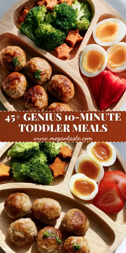 A minimalist bamboo suction plate filled with toddler meal prep ideas including mini turkey meatballs, star-shaped sweet potatoes, and creamy soft-boiled eggs.