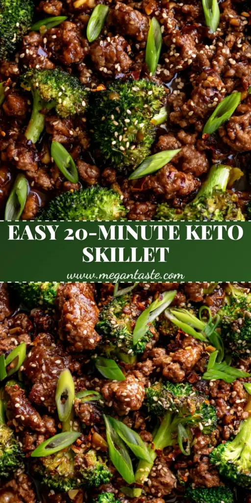 Keto Hamburger Broccoli Skillet: A 20-Minute Savory Umami Dinner 3 Overhead shot of a Keto Hamburger Broccoli Skillet with browned beef and charred broccoli in a cast iron pan.