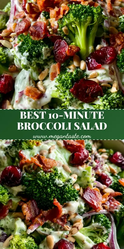 A close-up of Broccoli Crunch Salad featuring bright green florets, thick white dressing, and ruby cranberries in a rustic white bowl.