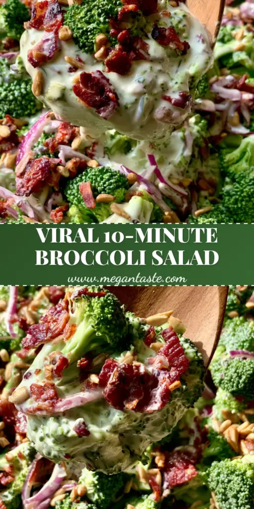 A vertical high-angle shot of a rustic bowl filled with creamy broccoli salad featuring thick glossy dressing and crispy bacon. (creamy broccoli salad)