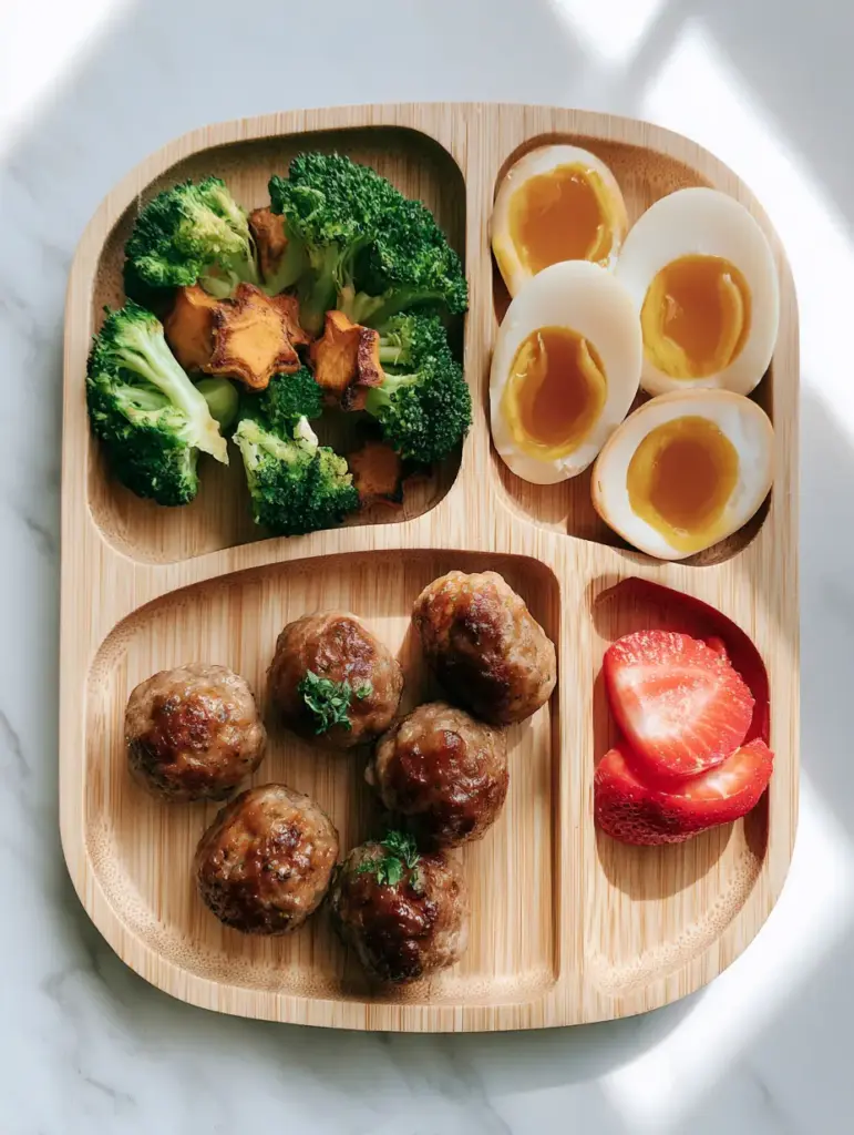 Overhead view of seared turkey meatballs and vibrant broccoli as part of toddler meal prep ideas.