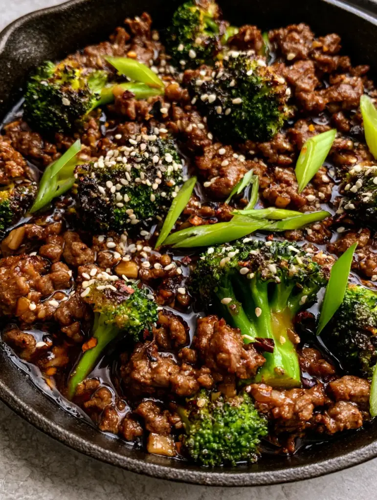 Keto Hamburger Broccoli Skillet: A 20-Minute Savory Umami Dinner 2 Extreme close-up of glossy dark umami glaze coating ground beef and emerald broccoli. (Keto Hamburger Broccoli Skillet)
