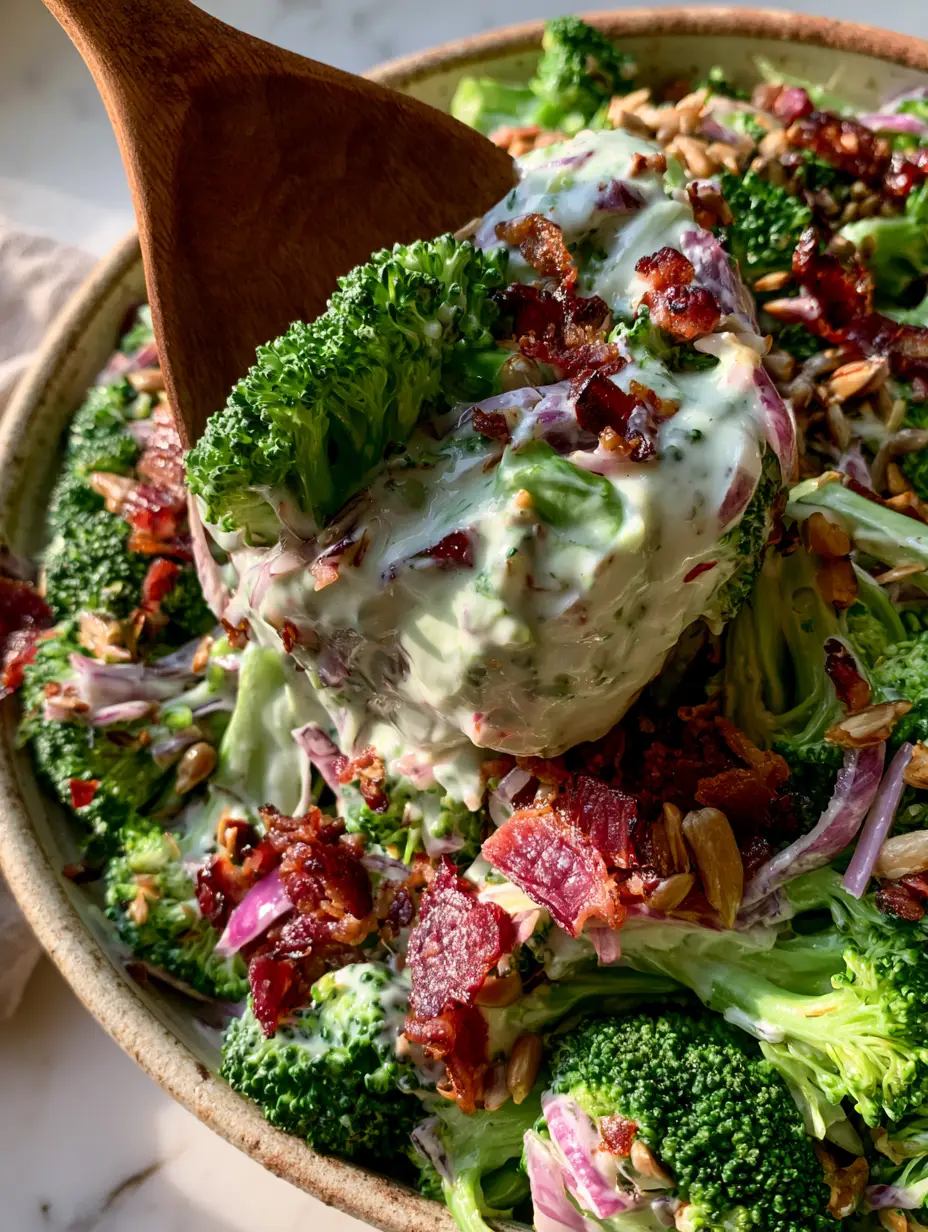 Macro photo of emerald green raw broccoli florets coated in glossy white poppyseed dressing.