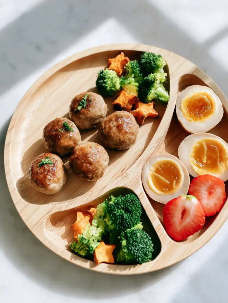 Detail of star-shaped sweet potatoes and soft-boiled eggs for toddler meal prep ideas.