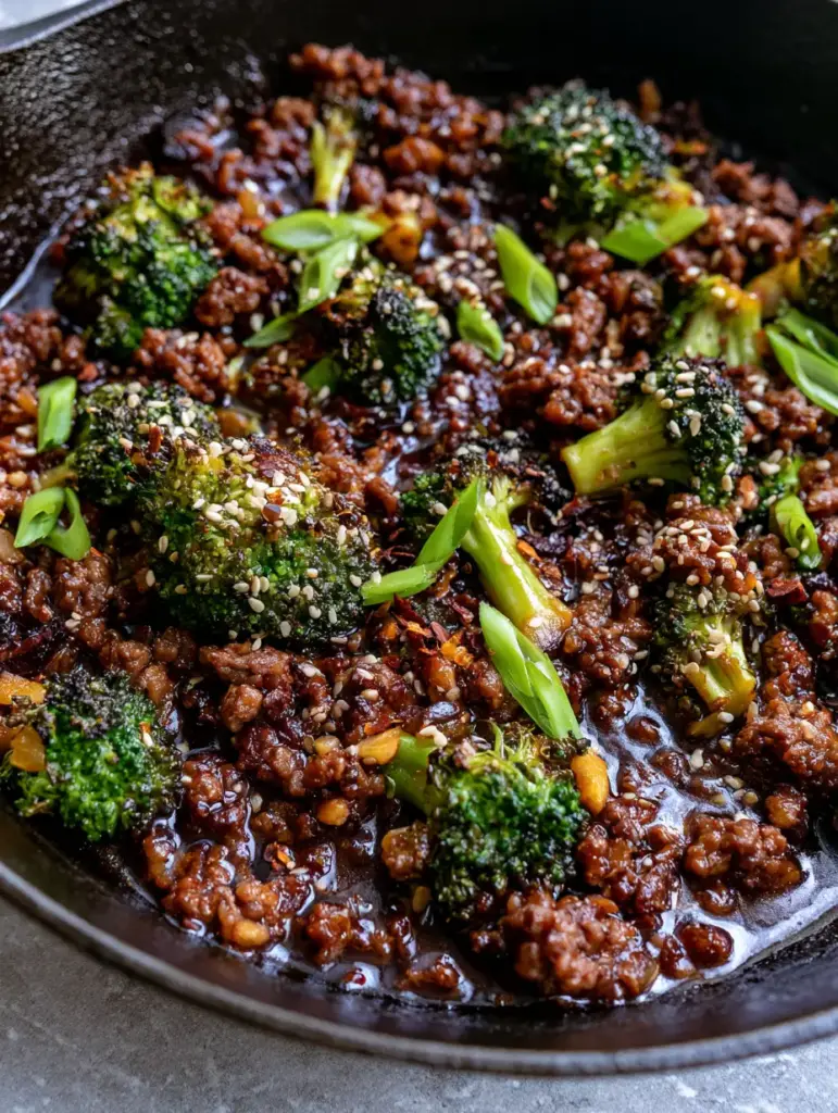 Keto Hamburger Broccoli Skillet: A 20-Minute Savory Umami Dinner 1 Juicy crumbled ground beef with toasted sesame seeds and bias-cut scallions in a skillet.