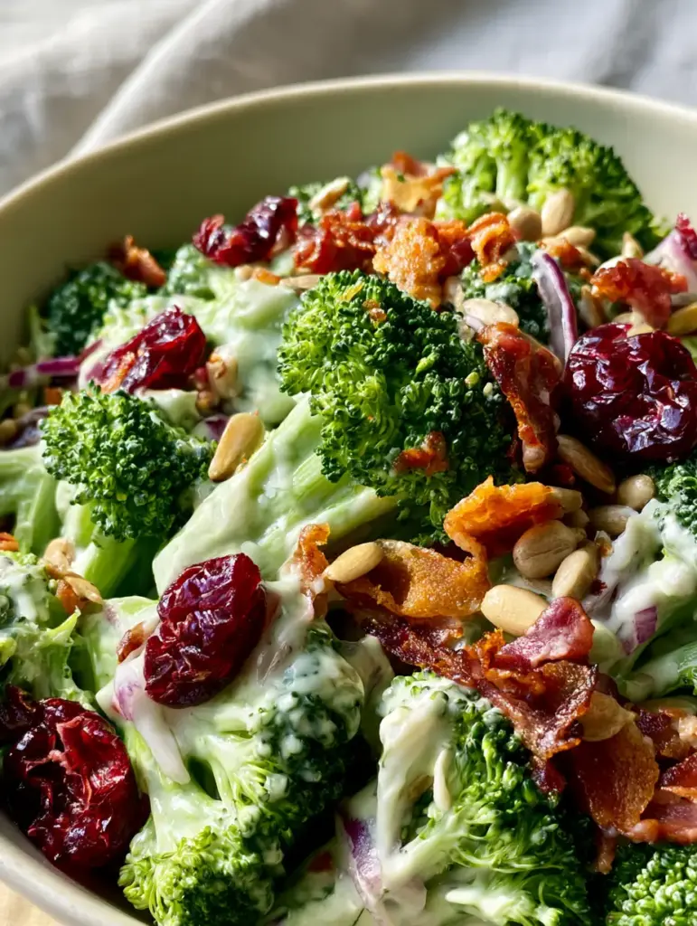 Overhead view of Broccoli Crunch Salad showing ruby red cranberries and toasted sunflower seeds.