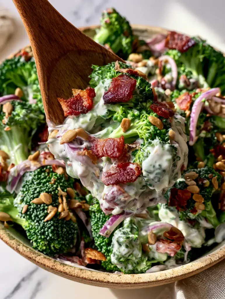 Overhead view of creamy broccoli salad with visible purple red onion, tan sunflower seeds, and reddish-brown bacon.