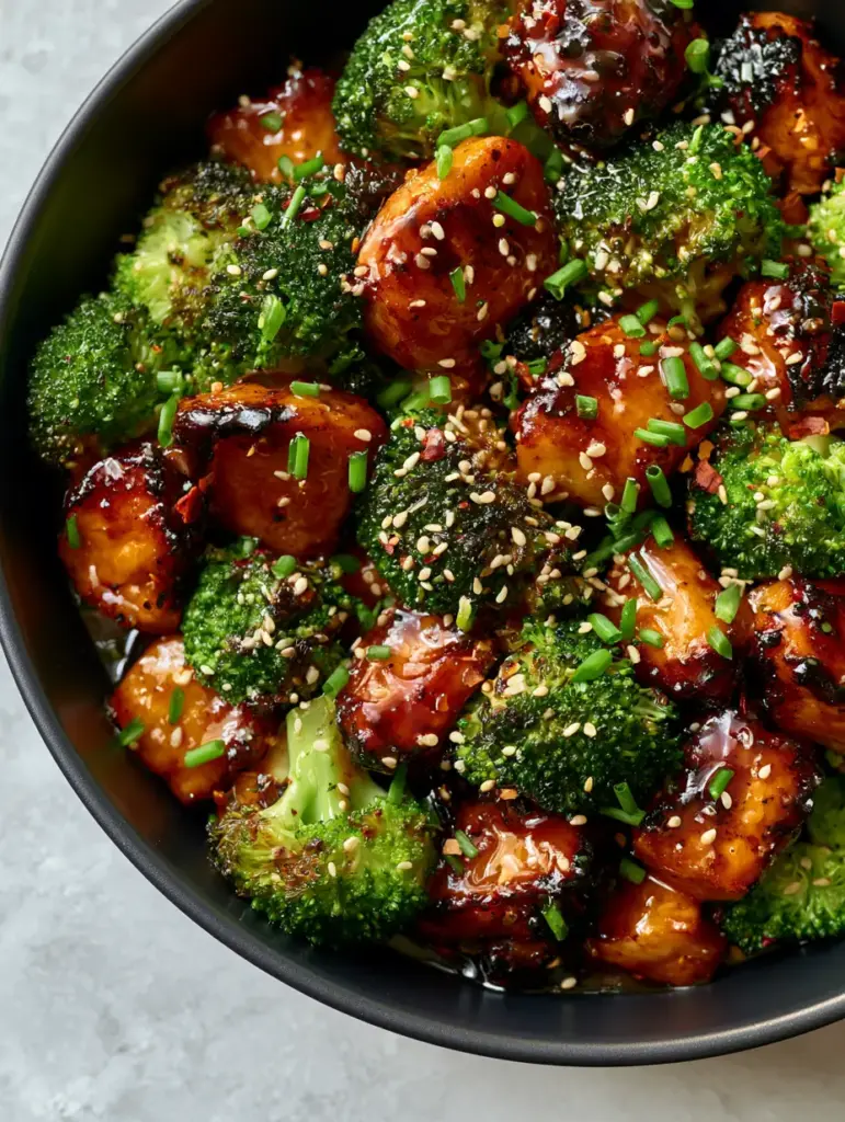 Honey Sriracha Chicken and Broccoli: The Ultimate 30-Minute Sticky Stir Fry 1 Vibrant emerald green steamed broccoli florets mixed with honey sriracha chicken in a skillet, topped with chives and sesame seeds.