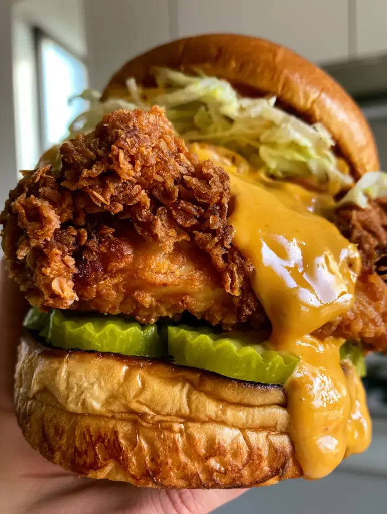 Chicken Sandwiches with Extra-Crispy Air-Fried Chicken and Spicy Chipotle Aioli 1 A stack of two chicken sandwiches on brioche buns with crinkle-cut pickles and oozing melted cheddar cheese.