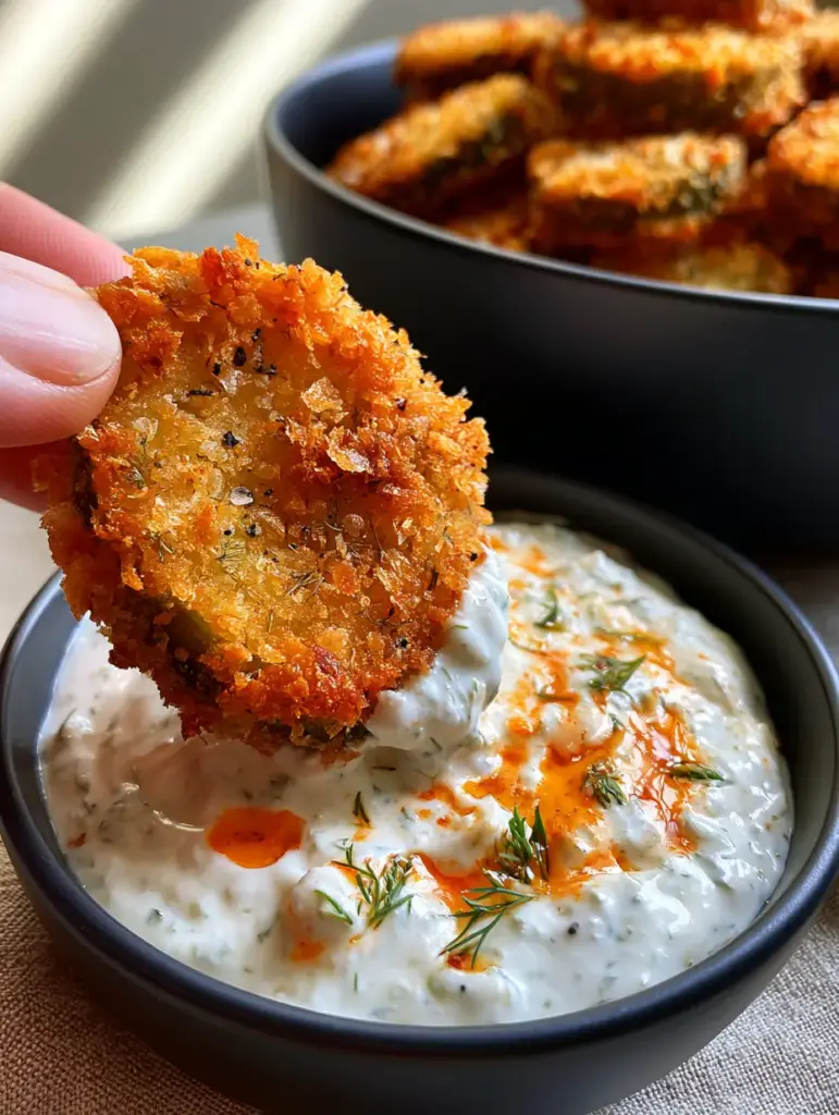 Air Fryer Fried Pickles: The Ultimate Extra-Crispy Panko and Parmesan Recipe 1 A single Air Fryer Fried Pickle chip held up to show the cracked black pepper and dried dill in the breading.