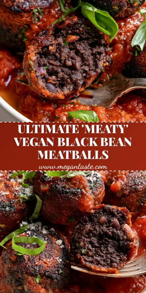 Vegan Black Bean Meatballs with a Crispy Seared Crust 3 A stack of five large seared vegan black bean meatballs in a matte white bowl with thick chunky marinara and basil chiffonade.