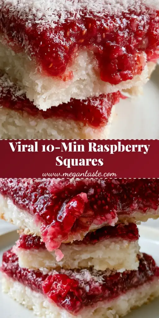 Raspberry Coconut Squares: The Ultimate No-Bake Jammy Dessert 4 A vertical Pinterest pin showing a stack of Raspberry Coconut Squares with a white coconut base and ruby-red jam middle.