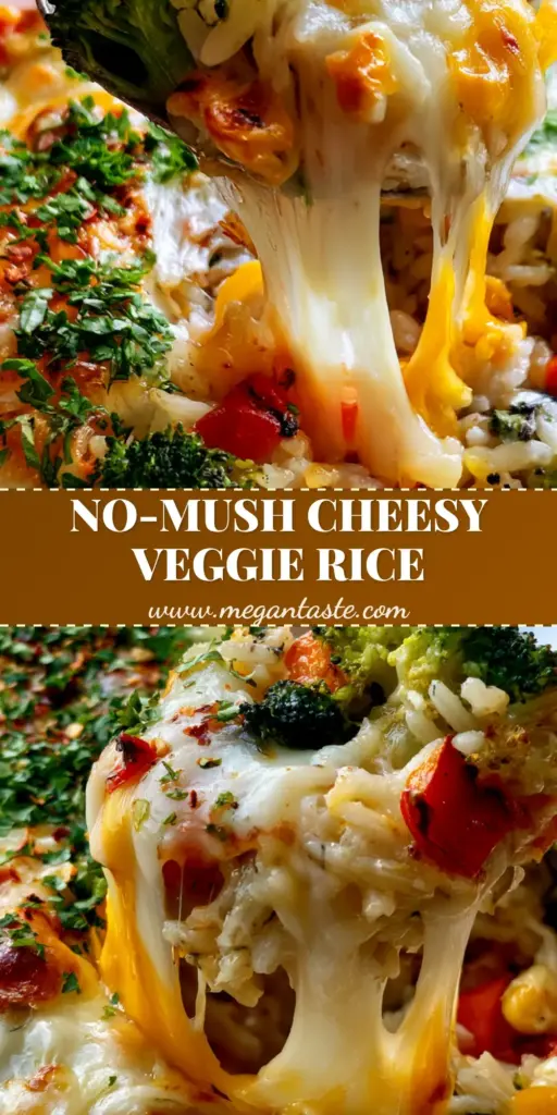 Veggie Rice Bake: The Ultimate Cheesy Vegetable Casserole 4 A large scoop of Veggie Rice Bake being lifted with a silver spoon, showing a dramatic mozzarella cheese pull, emerald broccoli, and charred red peppers.