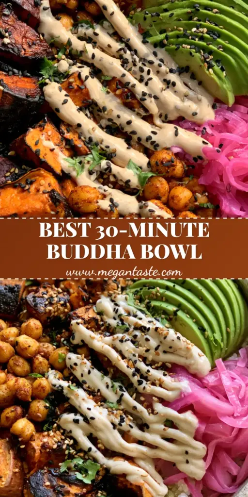 A vibrant Sweet Potato Chickpea Buddha Bowl featuring caramelized sweet potato cubes, blistered chickpeas, and a heavy lemon tahini drizzle in a matte ceramic bowl.
