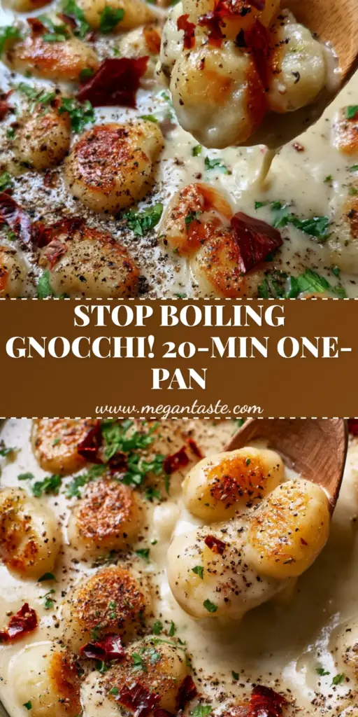 A top-down view of a vegan gnocchi skillet featuring golden-brown seared potato gnocchi in a thick garlic cream sauce with parsley and chili flakes.