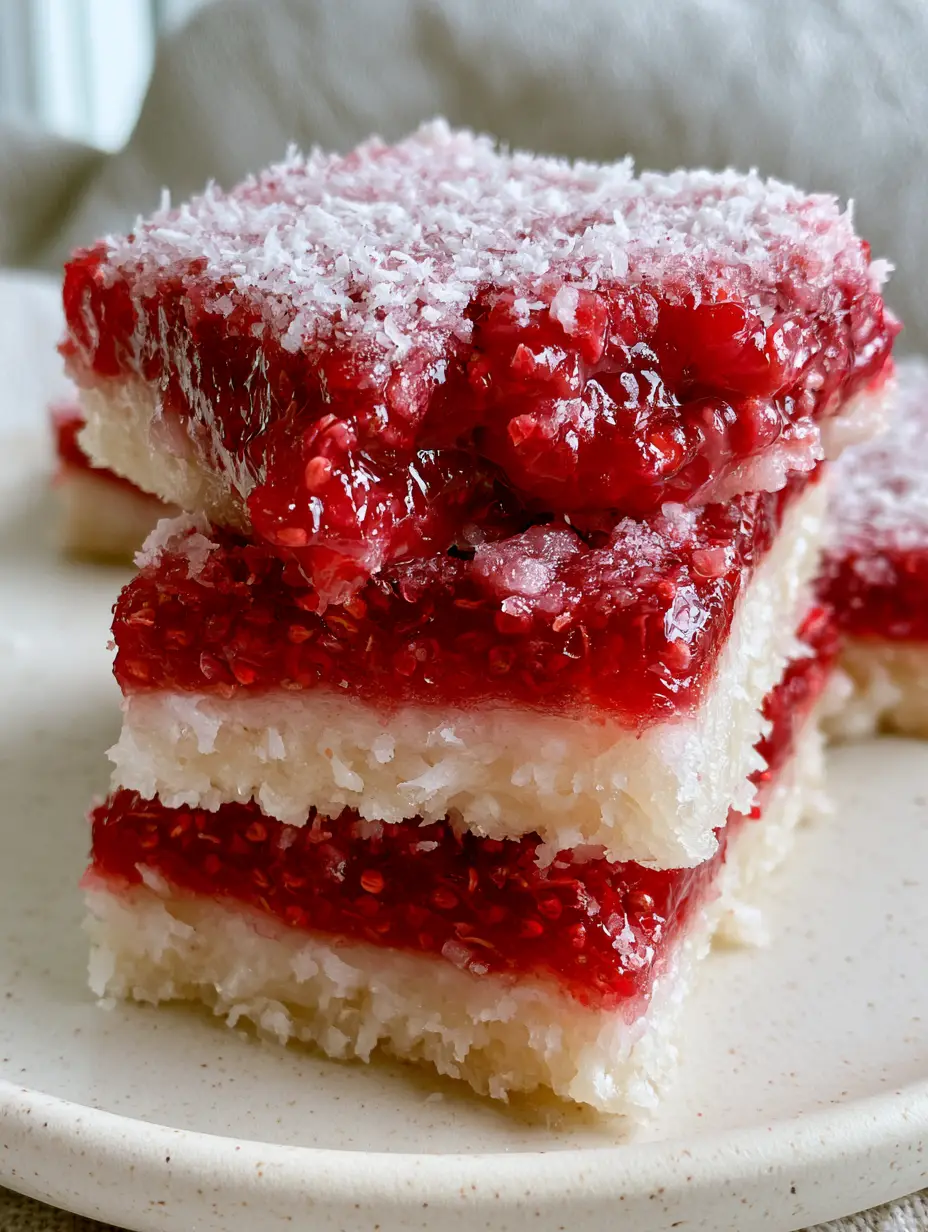 Raspberry Coconut Squares: The Ultimate No-Bake Jammy Dessert 3 Extreme close-up macro shot of a stack of three Raspberry Coconut Squares showing the jammy interior oozing out.