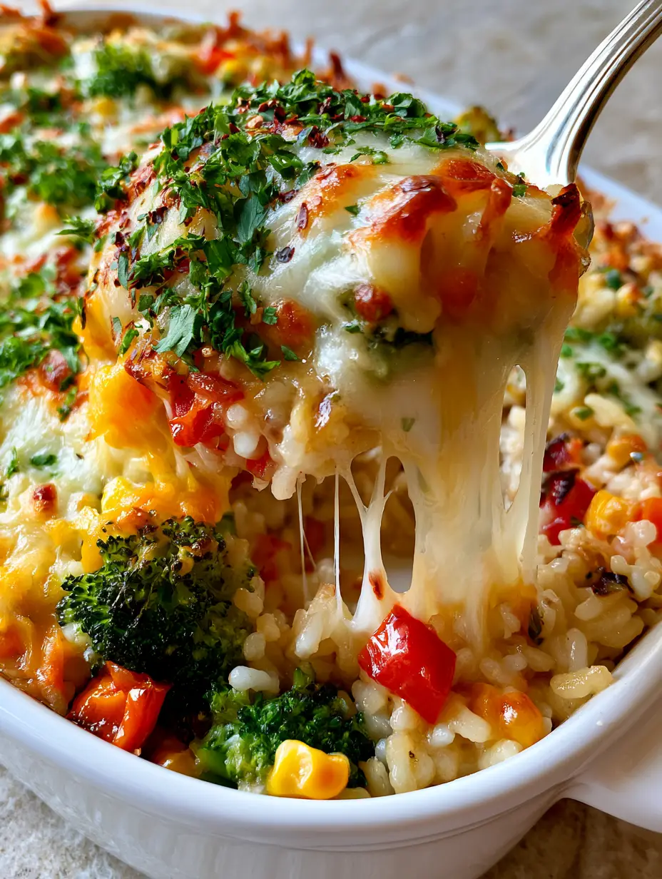 Veggie Rice Bake: The Ultimate Cheesy Vegetable Casserole 3 Macro shot of a cheesy Veggie Rice Bake featuring fluffy long-grain rice, sweet corn, and a golden toasted cheese crust.