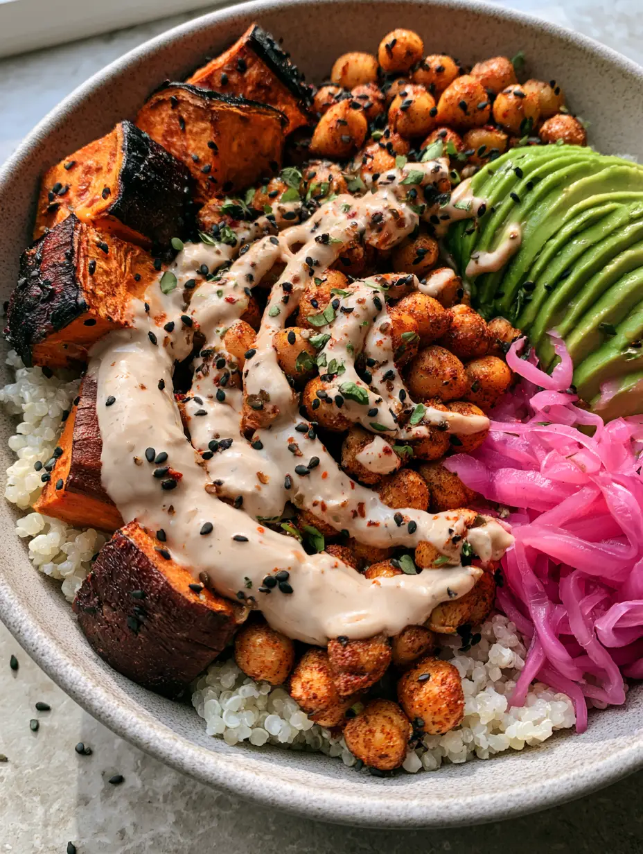 Top-down view of a Sweet Potato Chickpea Buddha Bowl showing steaming quinoa and neatly arranged sections of roasted vegetables.