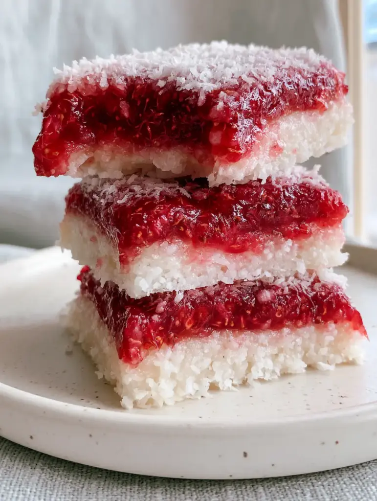 Raspberry Coconut Squares: The Ultimate No-Bake Jammy Dessert 1 A stack of Raspberry Coconut Squares on a minimalist off-white plate with visible raspberry seeds.