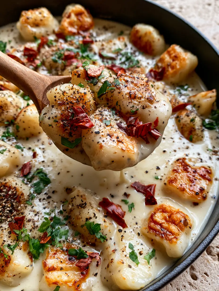 Close-up of seared potato gnocchi in a matte black cast iron skillet with garlic cream sauce. (vegan gnocchi skillet)