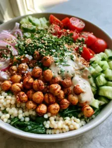 Close up of air-fried chickpeas with charred skins and smoked paprika granules in a crispy chickpea bowl.