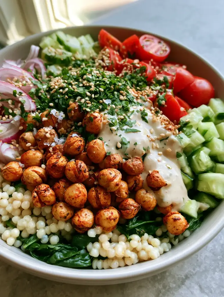 Crispy Chickpea Bowls with Pearl Couscous and Lemon Tahini 2 Close up of air-fried chickpeas with charred skins and smoked paprika granules in a crispy chickpea bowl.