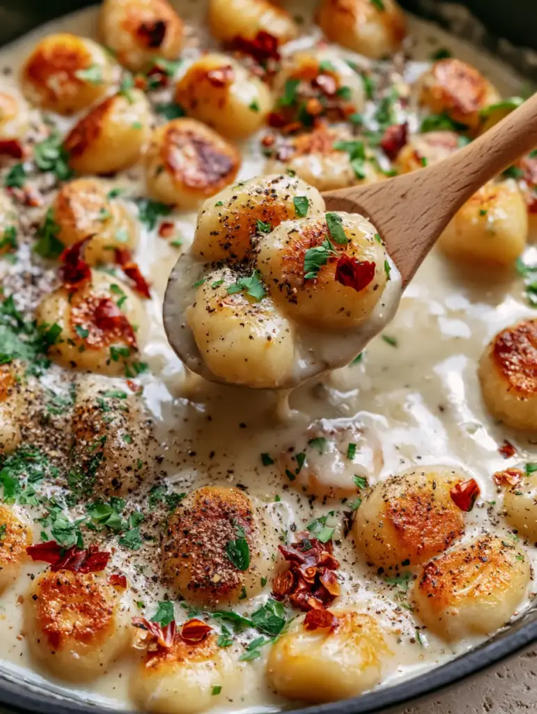 A wooden spoon lifting three crispy gnocchi from a thick, glossy white sauce in a black skillet.