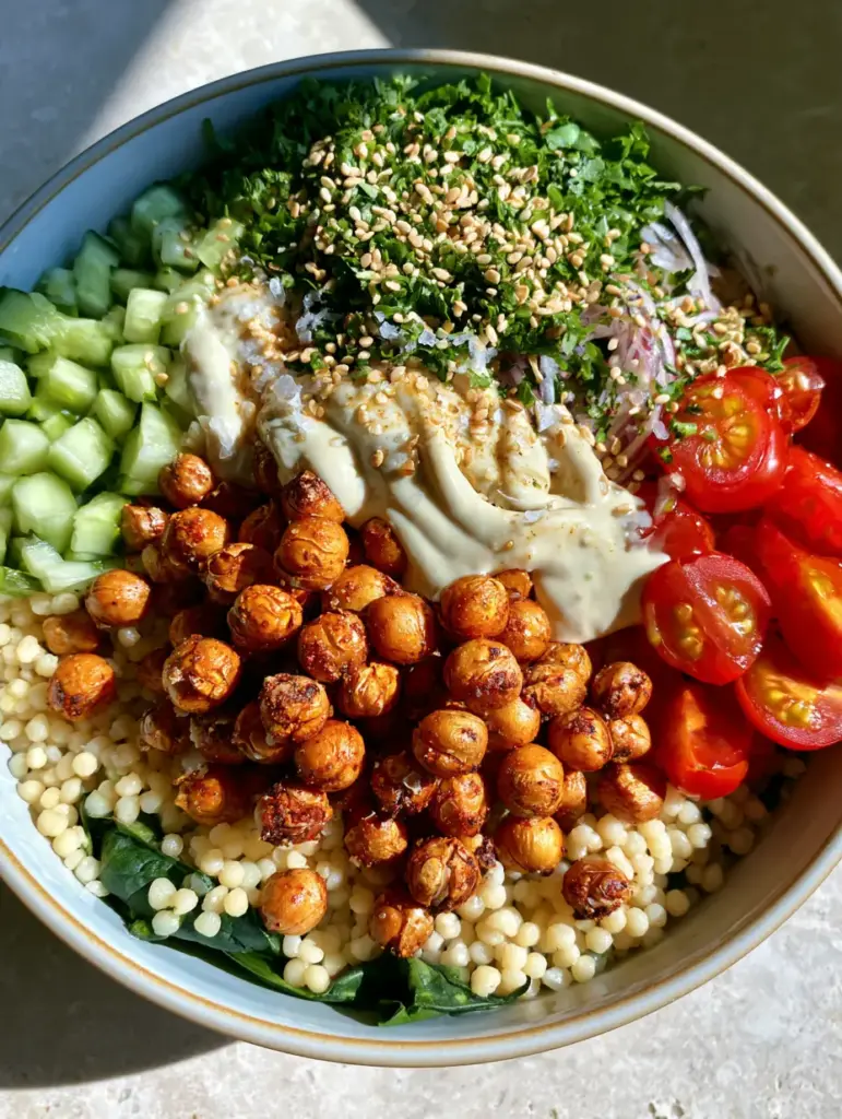 Crispy Chickpea Bowls with Pearl Couscous and Lemon Tahini 1 A handheld smartphone photo of a completed Mediterranean bowl with diced cucumbers and tomatoes.