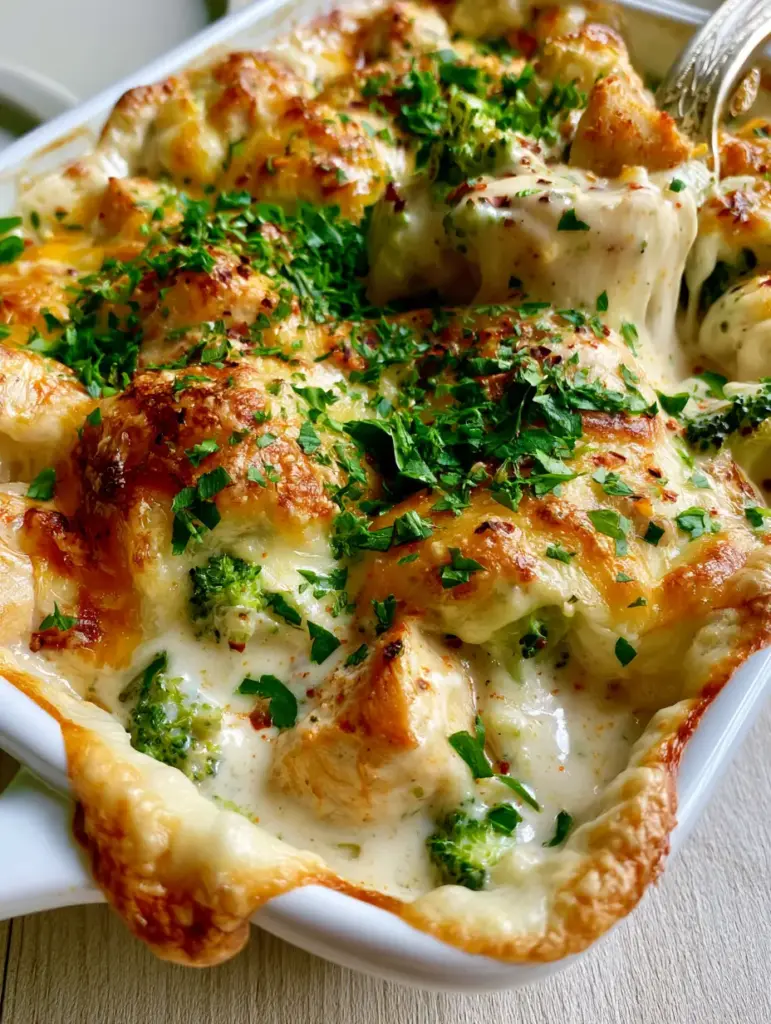 A silver serving spoon lifting a portion of Low Carb Chicken Casserole revealing a gooey cheese pull.