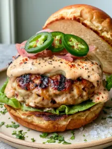 Eye-level close-up of a chipotle ranch chicken burger with charred marks and glistening moisture. (chipotle ranch chicken burgers)