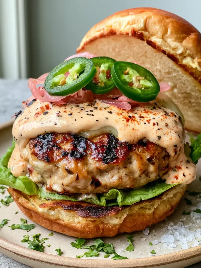 Chipotle Ranch Chicken Burgers with Melted Pepper Jack 2 Eye-level close-up of a chipotle ranch chicken burger with charred marks and glistening moisture. (chipotle ranch chicken burgers)