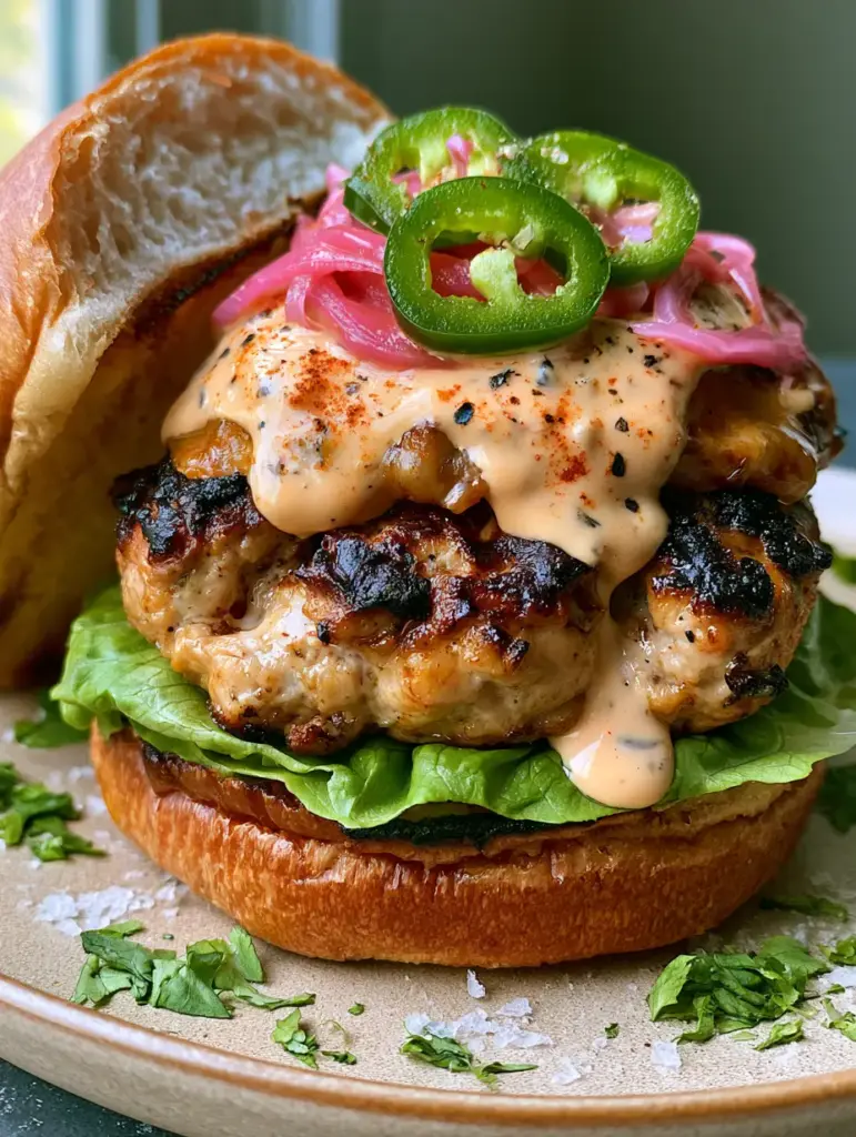 Chipotle Ranch Chicken Burgers with Melted Pepper Jack 1 Macro shot of melted pepper jack cheese with tiny brown bubbles on a chicken burger. (chipotle ranch chicken burgers)
